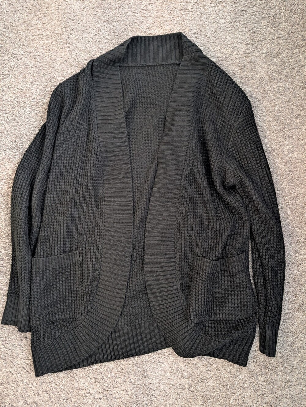 Black Open-Front Waffle Knit Women's Cardigan Sweater
